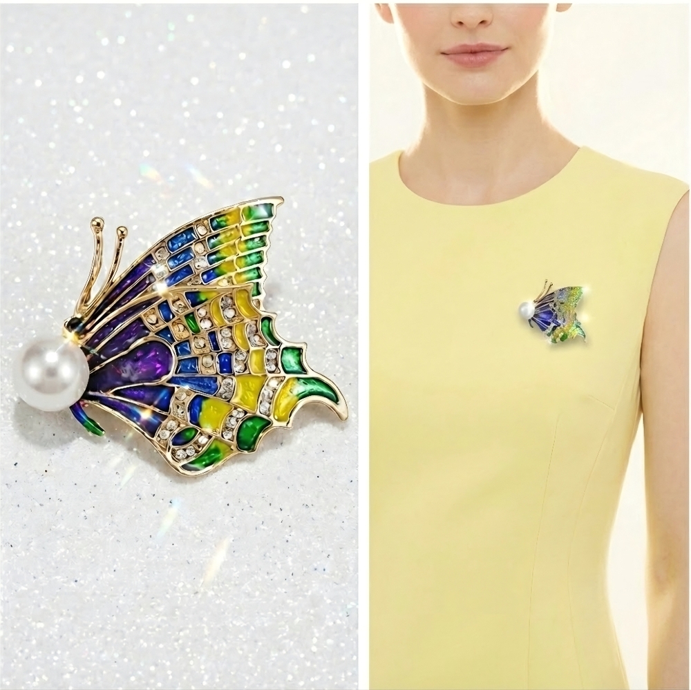 Gold plated purple yellow-green Crystal pearl butterfly brooch